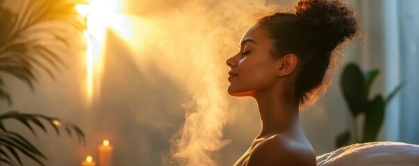 Young african female relaxing in a steamy spa environment at sunset