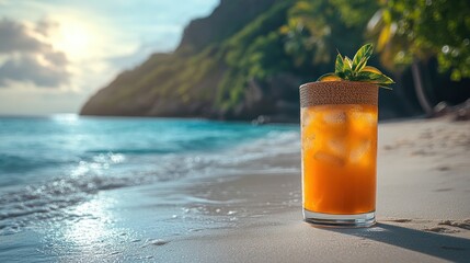 Refreshing tropical cocktail on a sandy beach at sunset with waves gently lapping the shore