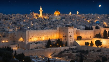 Fototapeta premium Ancient walled city at night with golden dome and illuminated skyline, spiritual and historical significance for Maundy Thursday