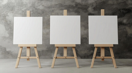 Three Blank Canvases on Wooden Easels Against a Textured Wall