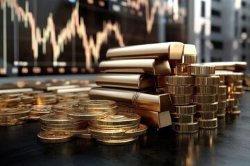 Stacked gold bar: coin display, exchange connection, chart observation, wealth accumulation, trading focus, economic insight, financial value, metal reflection, asset emphasis, monetary analysis.