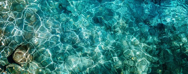 Obraz premium Underwater tranquility, natural light shafts forming glowing patterns on clear blue water, emphasizing peaceful sea depth