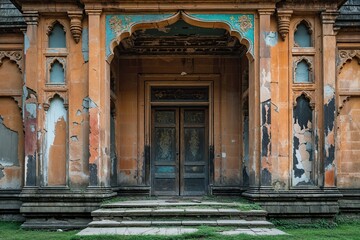 Obraz premium Aged Sandstone Facade of Abandoned Vintage Palace with Artistic Stains and Chips
