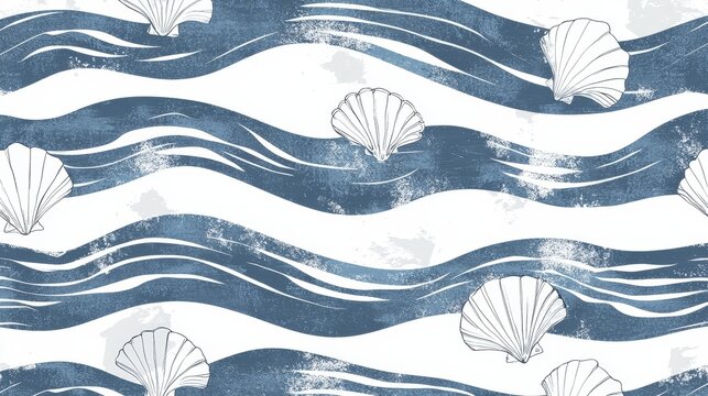 Abstract marine seamless pattern with hand-drawn navy blue stripes, wavy lines, and scattered seashell motifs, creating a soft oceanic texture