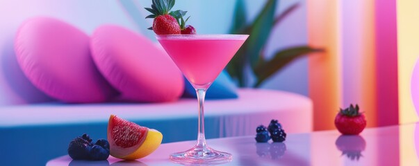 Vibrant pink cocktail with fresh fruit garnish in modern lounge setting
