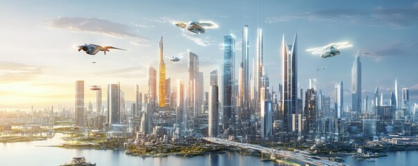 Naklejka premium Futuristic cityscape with flying cars at sunset