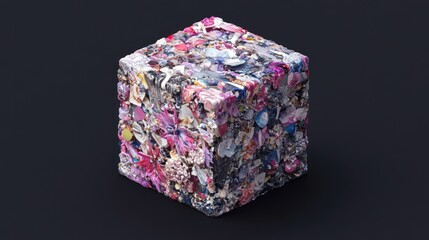 A cube of compressed waste, depicting various discarded items.
