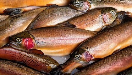 Obraz premium Freshly caught trout in a fishing market displayed on ice for sale