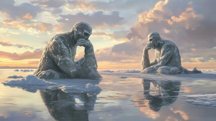 Frozen giants sculpted from ancient glaciers drift on icy waters, reflecting serene skies in iceland's glacial lagoon. Ancient Ice Giants. Illustration