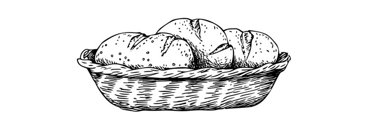 basket with bread rolls vector doodle black sketch illustration
