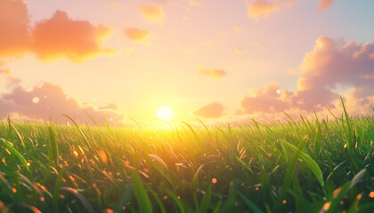 Sunlit morning landscape with dewy grass and fluffy clouds in a serene horizon