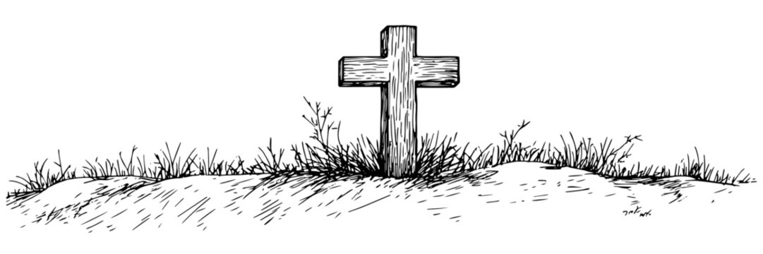 wooden cross on hill vector doodle black sketch illustration