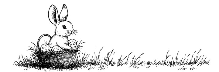 easter bunny in basket with eggs vector doodle black sketch illustration