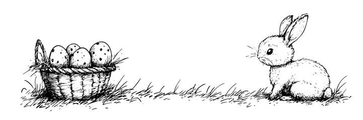 easter bunny looking at basket of eggs vector doodle black sketch illustration