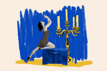 Contemporary art banner collage of serious girl stand chest treasure occult ritual candlestick wax...