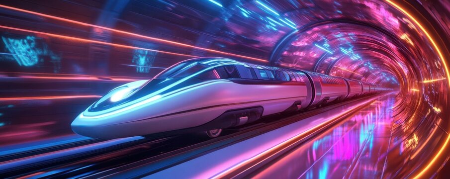 Futuristic high-speed train in neon-lit tunnel with vibrant colors and sleek design