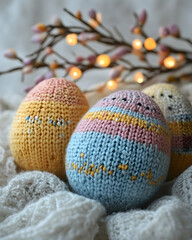 Handmade knitted wool easter eggs with willow branch and lights, white background