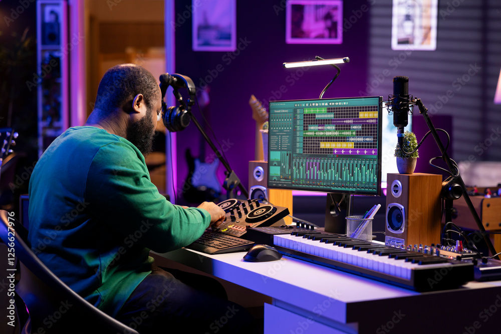 Poster skilled male composer producing new songs on his mixing console, operating on professional gear in h