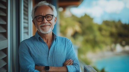 Confident senior man in blue shirt smiling on scenic balcony with nature