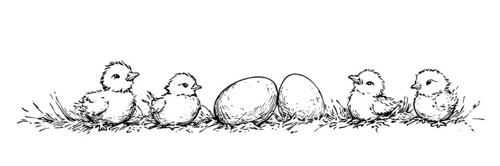 group of Easter chicks with eggs doodle vector sketch engraving