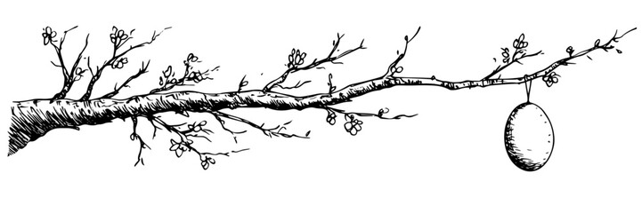 Easter egg hanging from tree branch monochrome doodle sketch engraving, laser cutting vector