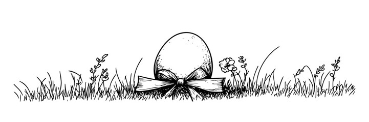 Easter egg with ribbon bow in grass monochrome doodle sketch engraving, laser cutting vector
