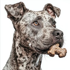 striking composition captures Rafeiro do Alentejo chewing on bone showcasing its beautiful features against pristine white backdrop. dog's focused expression adds charm.