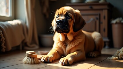 A Spanish Mastiff puppy sits patiently as its thick fur is brushed. Its gentle, trusting eyes and warm golden coat create a serene, heartwarming moment of care and companionship.