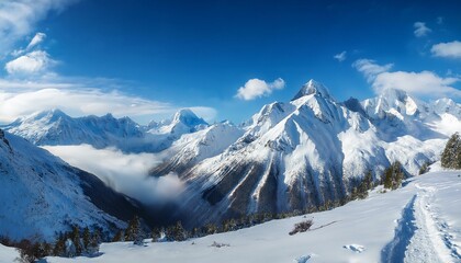 Fototapeta premium a magnificent snow capped mountain landscape with sharp peaks covered in white snow the majestic mountain range extending far into the distance blue sky and white clouds winter background