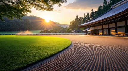 An elegant stretch of racecourse with intricate details of turf and sand track transitions, surrounded by luxurious green landscaping