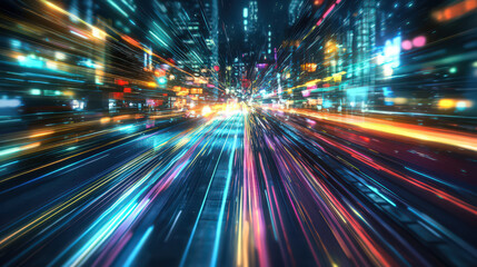 Fototapeta premium Fast-paced city street at night with blurred motion light trails.