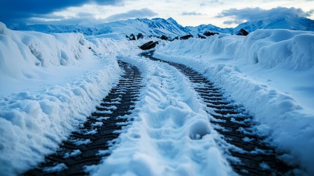Close-up of tire tracks in deep snow leading to a closed section of highway, avalanche debris visible in the distance, moody ambiance