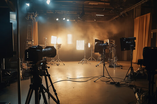 Professional film studio with cinematic lighting equipment and cameras set up for video production shoot