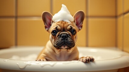A French Bulldog puppy sits in a basin, with a foamy peak of shampoo on its head. Its big, round eyes create an adorable, lighthearted moment full of charm and warmth.