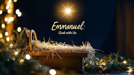 Banner featuring a wooden manger with hay, a radiant star shining above, dark blue night background, words "Emmanuel: God with Us" glowing softly