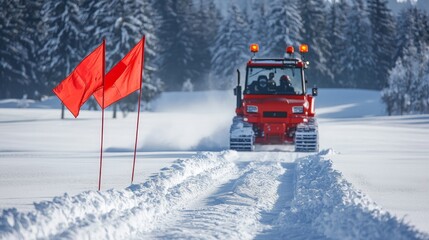 Avalanche warning on a winter golf course, with bright red flags and snow-clearing equipment in the background
