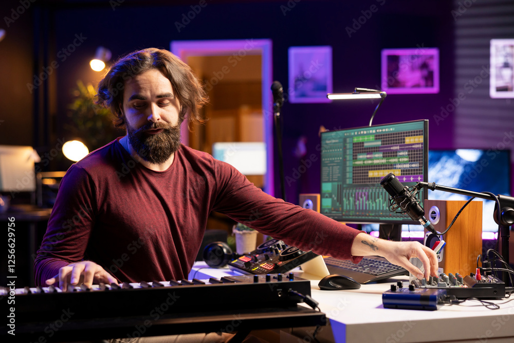 Poster Audio engineer mixing and mastering soundtracks in home studio, adding piano electronic keyboard tunes. Young professional composer creating music with stereo equipment and amplifier.