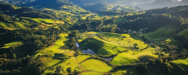 Lush green hills and valleys with sunlit fields and trees