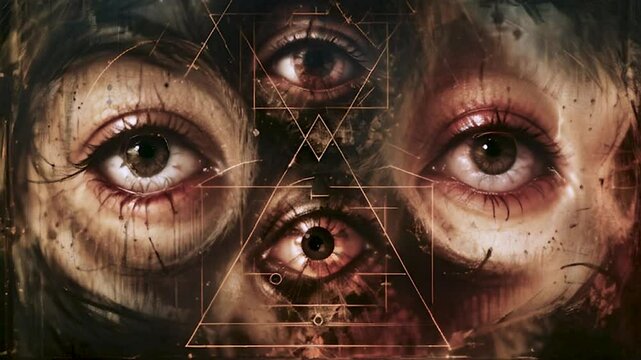 mystical occult design mysterious magic symbols bloodshot eyes watching inside triangles geometric in magical sky with light and clouds witchcraft paganism witch background	