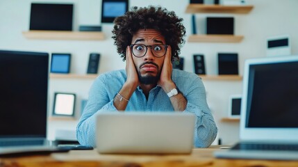 Frustrated tech user with complicated device setup. Featuring an instruction manual next to a smart device