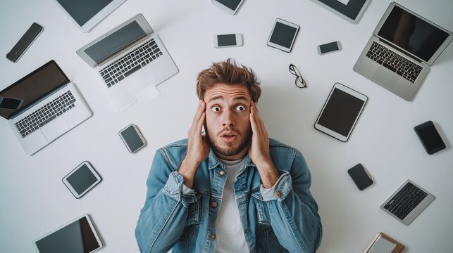 Frustrated tech user with complicated device setup. Featuring an instruction manual next to a smart device