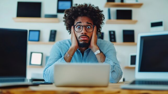Frustrated tech user with complicated device setup. Featuring an instruction manual next to a smart device