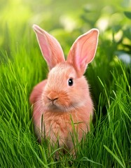 Pink easter bunny in green grass. 