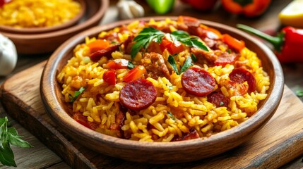 Image of rice and Spanish tapas with chorizo and peppers on a rustic wooden board, emphasizing vibrant and flavorful aspects. Ideal for Spanish cuisine and appetizers.
