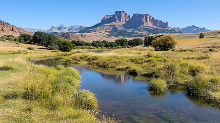River flows through valley towards mountains; scenic landscape