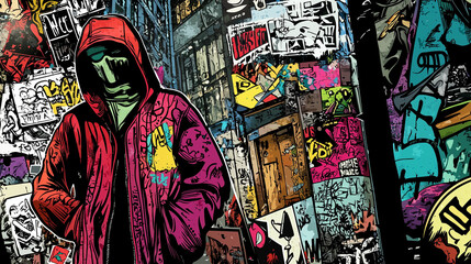Fototapeta premium Vibrant digital illustration of a mysterious hooded figure in a graffiti-covered urban alley, featuring bold street art and vivid colors