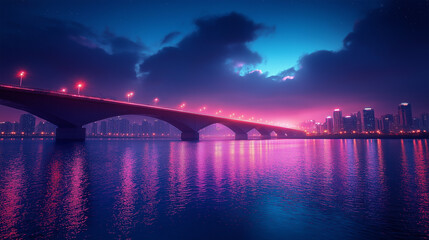 Fototapeta premium Futuristic Cityscape Featuring a Glowing Bridge and Illuminated Riverfront