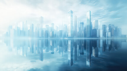 Fototapeta premium Misty city skyline reflected in calm water, a serene urban landscape.