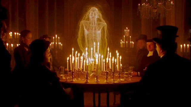 Victorian occult seance mystical gathering magic scene with ectoplasm ghost spirit and round table with candles medium and spiritualism spectators people vintage fashion