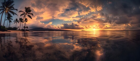 Serene Sunrise Reflection Over a Tropical Paradise